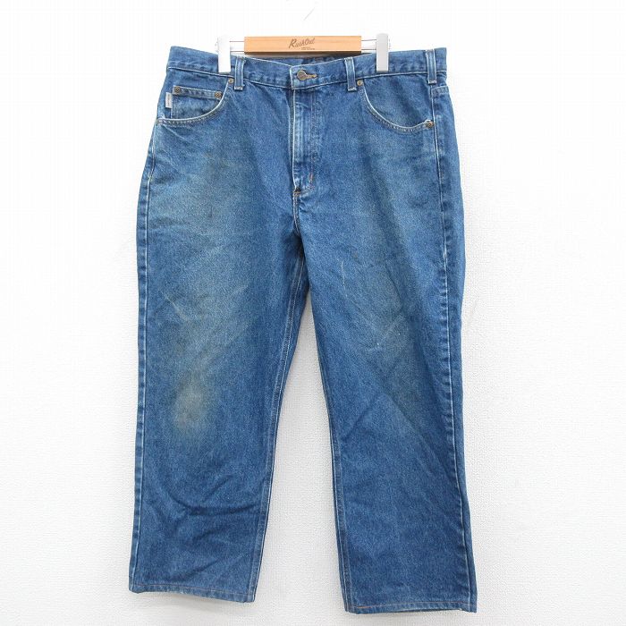 W38★古着 カーハート Carhartt ジーンズ メンズ ワンポイントロゴ コットン 紺 ネイビー デニム 25oct22 中古 ボトムス ジーパン Gパン ロング パンツ
