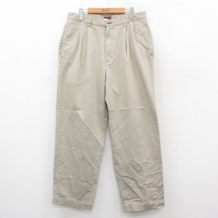 W34★古着 トミーヒルフィガー TOMMY HILFIGER ブランド チノ パンツ チノパン メンズ ワンポイントロゴ コットン ベージュ カーキ 25oct22 中古 ボトムス ロング