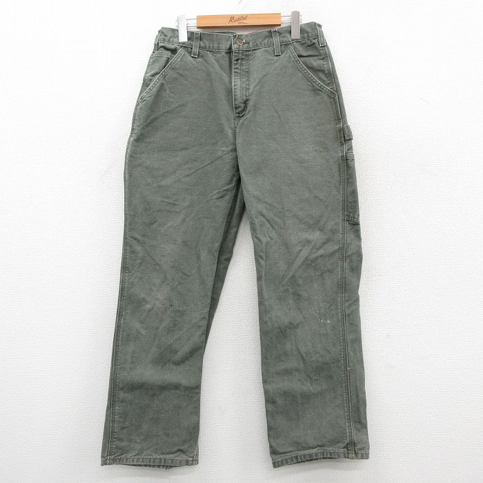 W31★古着 カーハート Carhartt ペインター パンツ メンズ ワンポイントロゴ ダック地 コットン 濃緑 グリーン 【spe】 25oct23 中古 ボトムス ロング