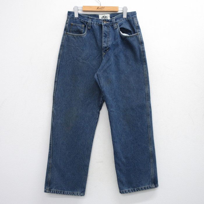 W31★古着 ジーンズ メンズ コットン 紺 ネイビー デニム 内側フリース 25oct24 中古 ボトムス ジーパン Gパン ロング パンツ