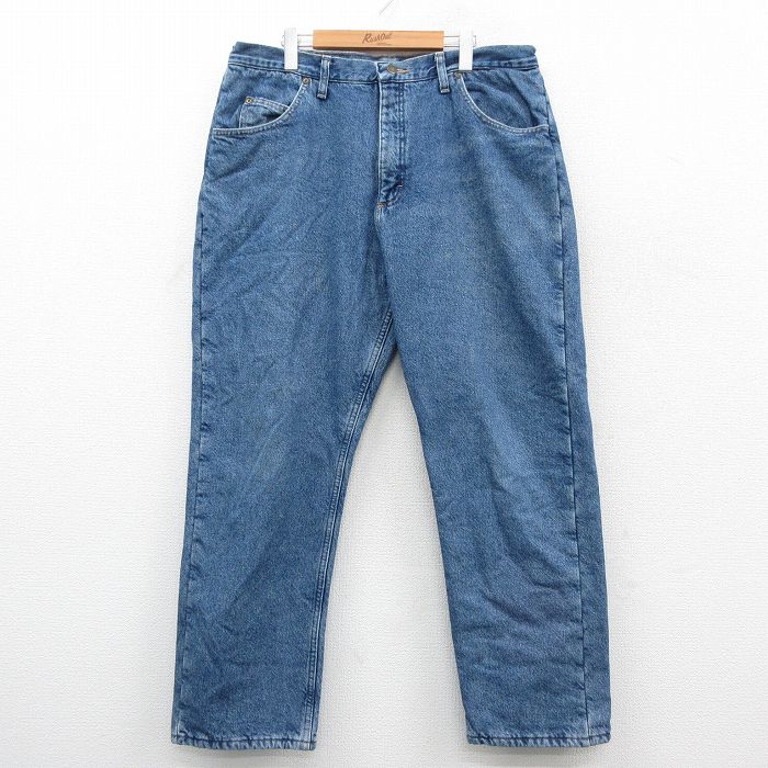 W37★古着 ラングラー Wrangler ジーンズ メンズ コットン 紺 ネイビー デニム 内側フリース 25oct29 中古 ボトムス ジーパン Gパン ロング パンツ