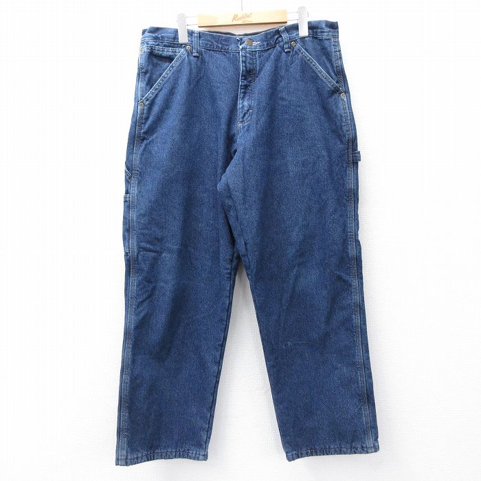 W34★古着 ラングラー Wrangler ペインター パンツ メンズ 紺 ネイビー デニム 内側フリース 25oct31 中古 ボトムス ロング