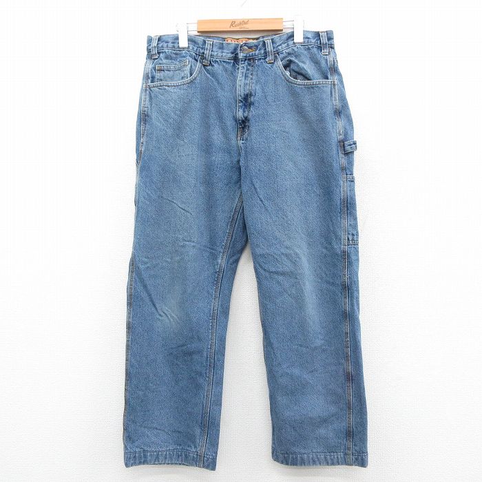 W36★古着 ペインター パンツ メンズ コットン 紺 ネイビー デニム 内側フランネル 25oct31 中古 ボトムス ロング