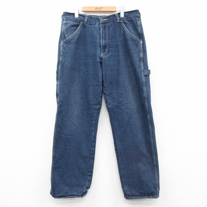 W36★古着 ペインター パンツ メンズ ヒゲ コットン 濃紺 ネイビー デニム 内側フランネル 25oct31 中古 ボトムス ロング