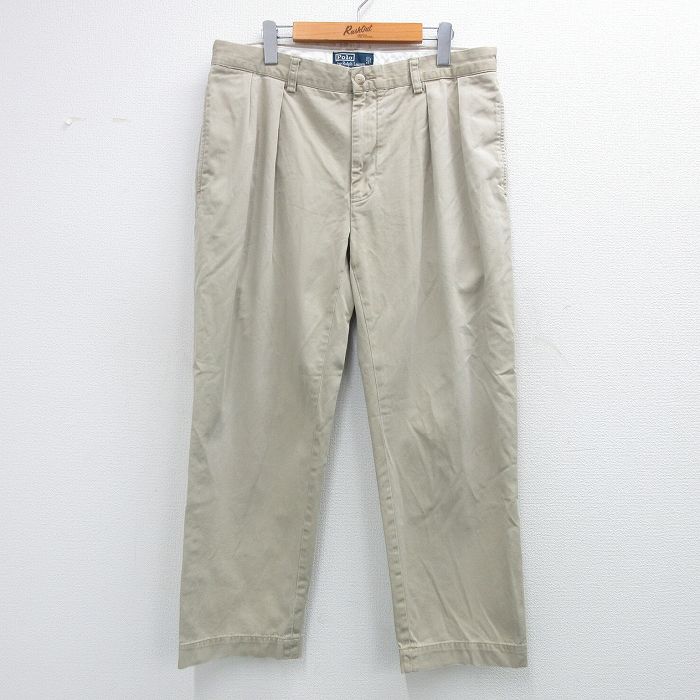 W36★古着 ラルフローレン Ralph Lauren ブランド チノ パンツ チノパン メンズ 90年代 90s ワンポイントロゴ コットン 薄ベージュ カーキ 25nov04 中古 ボトムス ロング