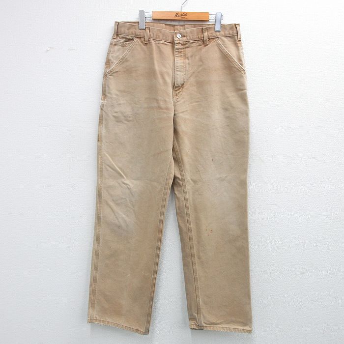 W36★古着 カーハート Carhartt ペインター パンツ メンズ 90年代 90s ワンポイントロゴ ダック地 コットン USA製 ベージュ系 カーキ 【spe】 25nov04 中古 ボトムス ロング