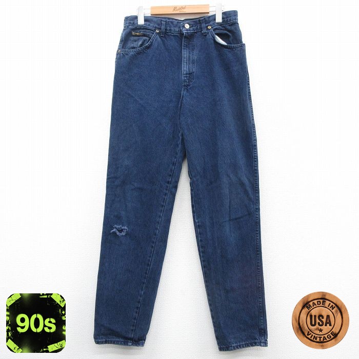 W32★古着 ジーンズ メンズ 90年代 90s コットン USA製 紺 ネイビー デニム 25nov05 中古 ボトムス ジーパン Gパン ロング パンツ