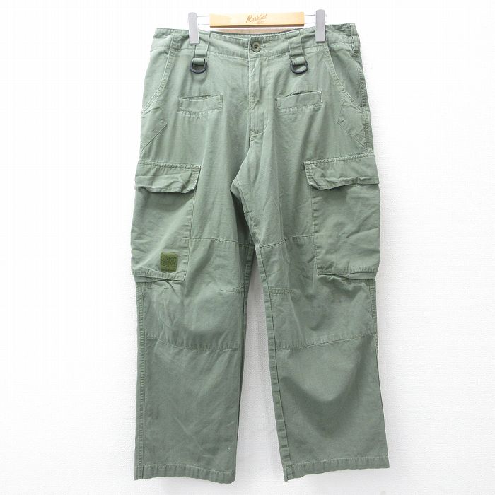 W33★古着 カーゴ パンツ メンズ 90年代 90s リップストップ ダブルニー コットン USA製 緑 25nov22