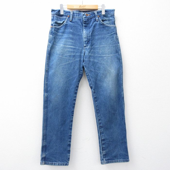 W34★古着 ラングラー ジーンズ メンズ ヒゲ コットン 紺 デニム 25dec03