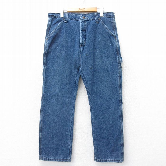 W35★古着 ラングラー ペインター パンツ メンズ コットン 紺 デニム 内側フリース 25dec16