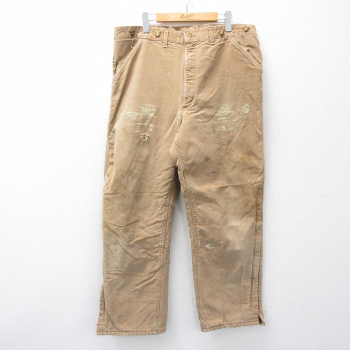 W38★古着 カーハート パンツ メンズ 90年代 90s ダック地 コットン USA製 茶 内側キルティング 26jan19