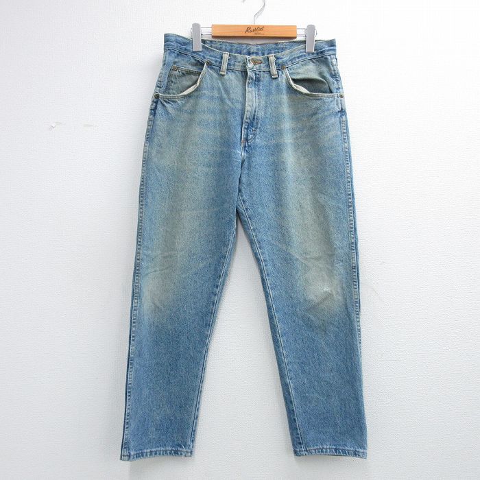 W34★古着 ラングラー ジーンズ メンズ 90年代 90s ヒゲ コットン USA製 紺 デニム 26mar23