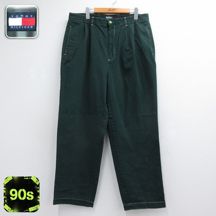 トミーヒルフィガー 90s パンツ ワンポイントロゴ グリーン 実寸W36 | 古着