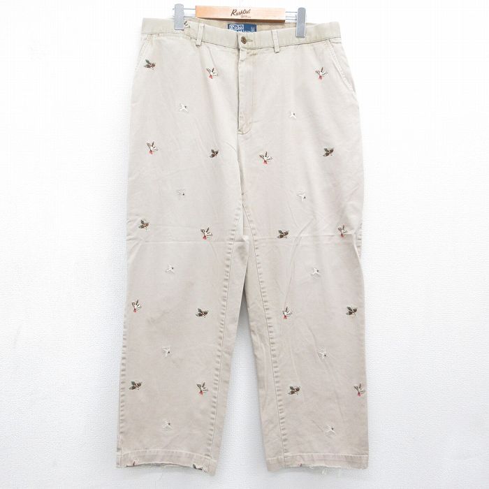 W34★古着 ラルフローレン ブランド チノ パンツ チノパン メンズ 90年代 90s 鳥 刺繍 総柄 コットン ベージュ【spe】 26aug07
