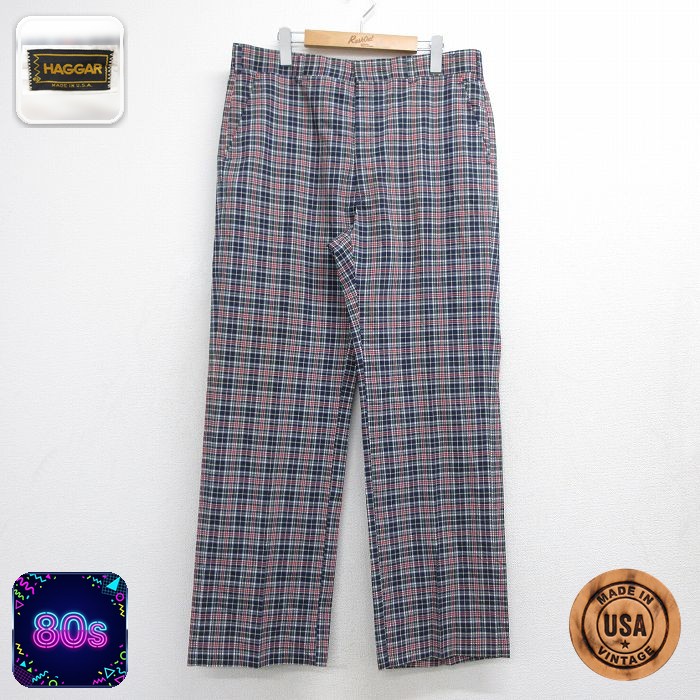 HAGGAR パンツ メンズ 80s USA製 ネイビー チェック 実寸W35 | 古着