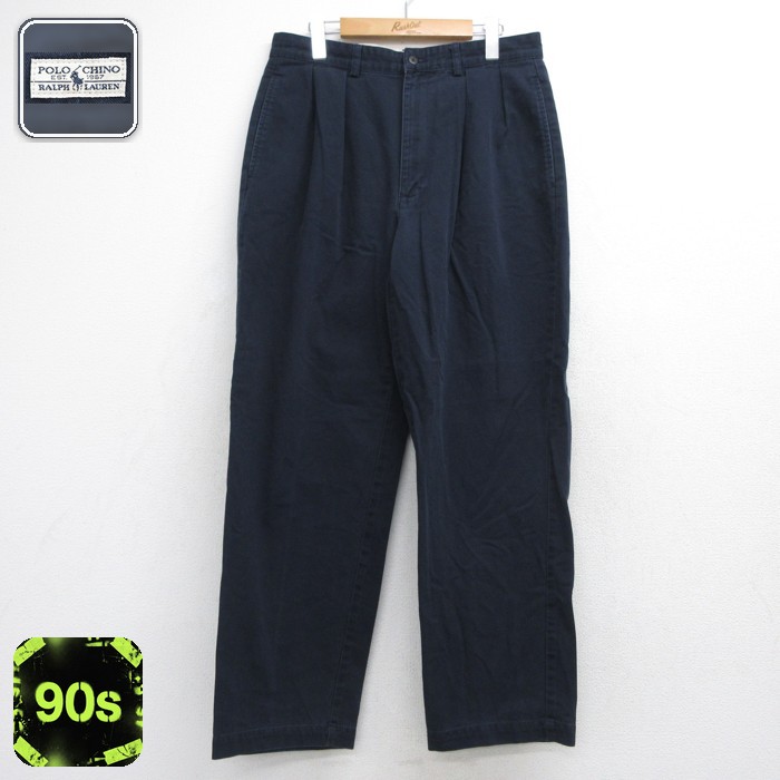 ラルフローレン 90s チノパンツ ツータック ネイビー 実寸W32 | 古着