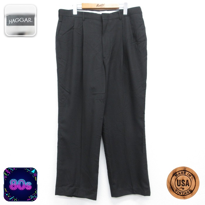 HAGGAR パンツ メンズ 80s スラックス タック USA製 ブラック 実寸W36 | 古着