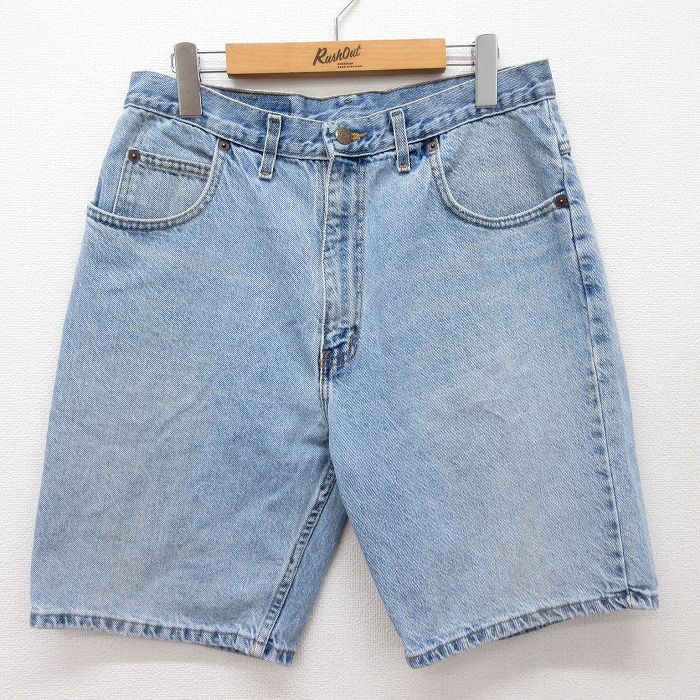 W33★古着 ショート パンツ ショーツ メンズ 90年代 90s コットン USA製 薄紺 ネイビー デニム 24may15 中古 ボトムス 短パン ショーパン ハーフ