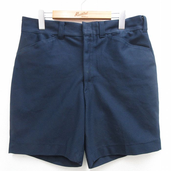 W33★古着 ショート ワーク パンツ ショーツ メンズ 80年代 80s 紺 ネイビー 24may17 中古 ボトムス 短パン ショーパン