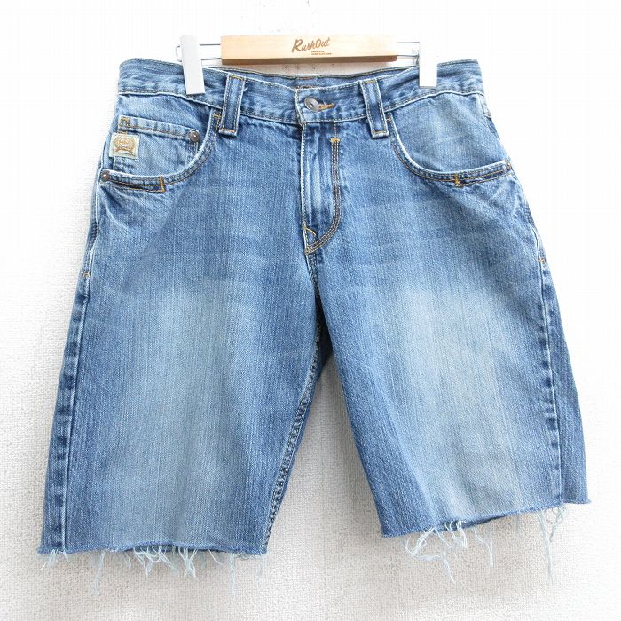 W33★古着 ショート パンツ ショーツ メンズ 00年代 00s CINCH ヒゲ コットン 紺 ネイビー デニム 25mar31 中古 ボトムス 短パン ショーパン ハーフ