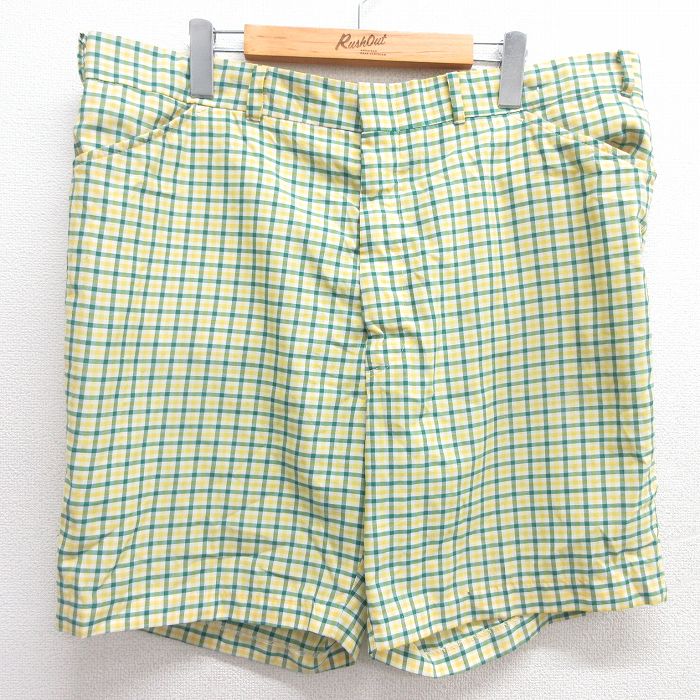 W38★古着 ショート パンツ ショーツ メンズ 80年代 80s タロン 緑他 グリーン チェック 25mar31 中古 ボトムス 短パン ショーパン ハーフ