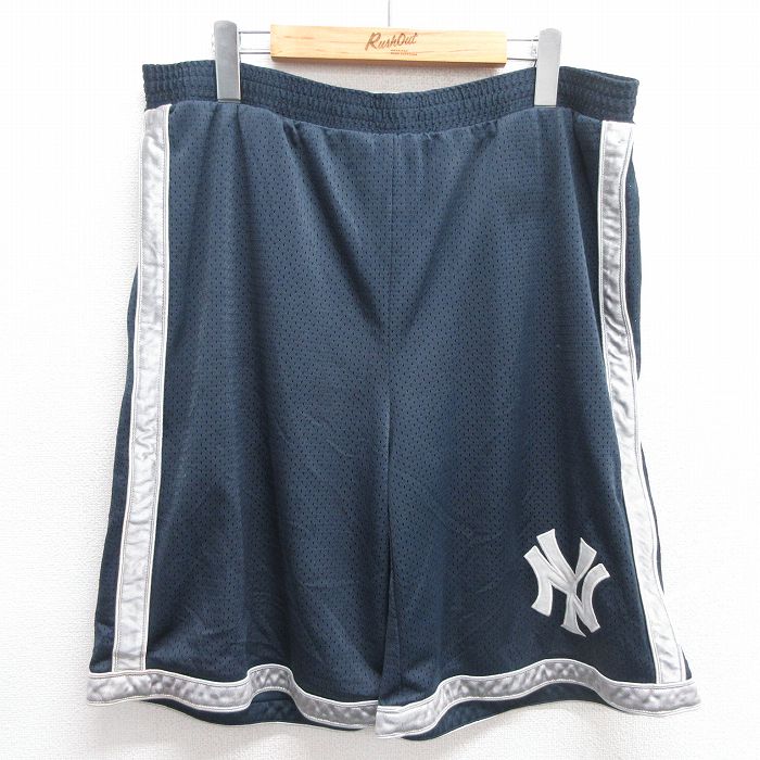 W34★古着 ショート イージー パンツ ショーツ メンズ MLB ニューヨークヤンキース 濃紺 ネイビー メジャーリーグ ベースボール 野球 25mar31 中古 ボトムス 短パン ショーパン