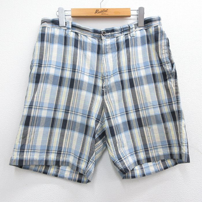 W33★古着 チャップス ショート パンツ ショーツ メンズ コットン 薄紺他 ネイビー チェック 25apr02 中古 ボトムス 短パン ショーパン ハーフ