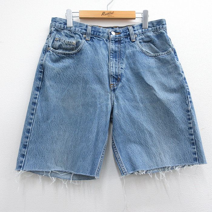 W33★古着 ショート パンツ ショーツ メンズ コットン 紺 ネイビー デニム 25apr02 中古 ボトムス 短パン ショーパン ハーフ