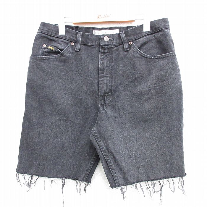W33★古着 リー Lee ショート パンツ ショーツ メンズ コットン 黒 ブラック デニム 25apr02 中古 ボトムス 短パン ショーパン ハーフ
