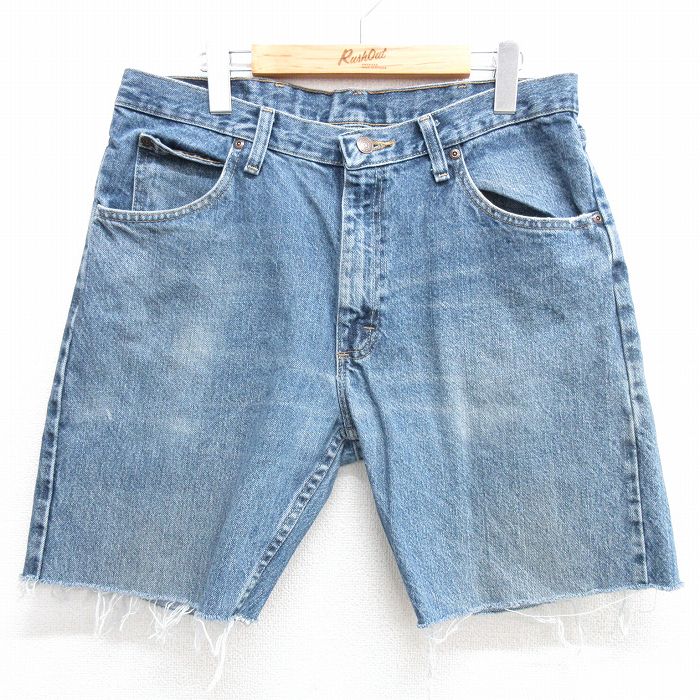 W34★古着 ラングラー Wrangler ショート パンツ ショーツ メンズ ヒゲ 紺 ネイビー デニム 25apr02 中古 ボトムス 短パン ショーパン ハーフ