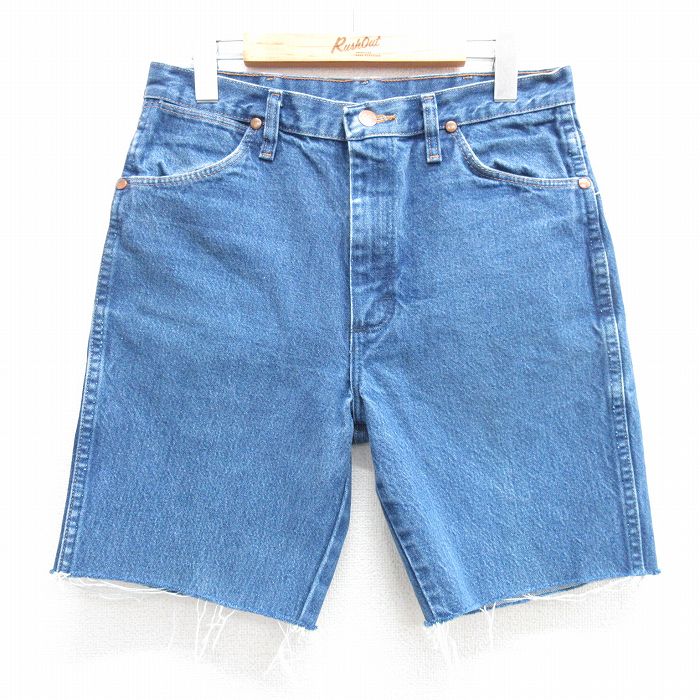 W31★古着 ラングラー Wrangler ショート パンツ ショーツ メンズ コットン 薄紺 ネイビー デニム 25apr02 中古 ボトムス 短パン ショーパン ハーフ