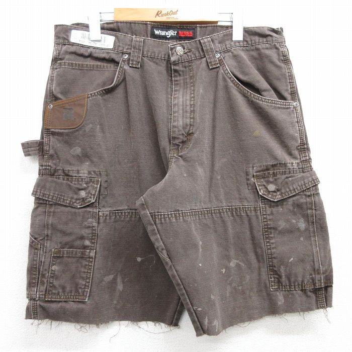 W34★古着 ラングラー Wrangler ショート ペインター カーゴ パンツ ショーツ メンズ リップストップ コットン 茶 ブラウン 25apr02 中古 ボトムス 短パン ショーパン