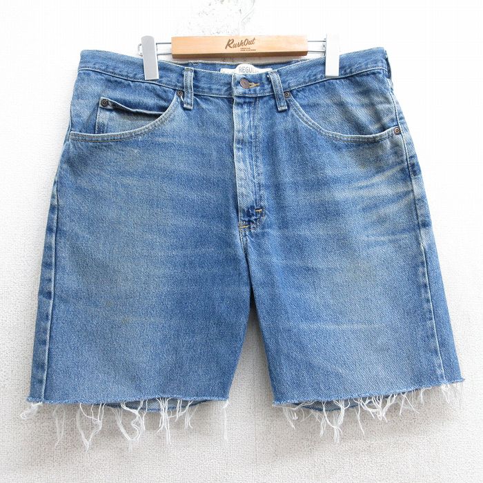 W36★古着 リー Lee ショート パンツ メンズ ヒゲ コットン 紺 ネイビー デニム 25apr03 中古 ボトムス 短パン ショーパン ハーフ