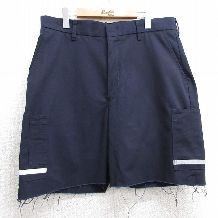 W36★古着 ショート ワーク カーゴ パンツ メンズ リフレクター 紺 ネイビー 25apr03 中古 ボトムス 短パン ショーパン