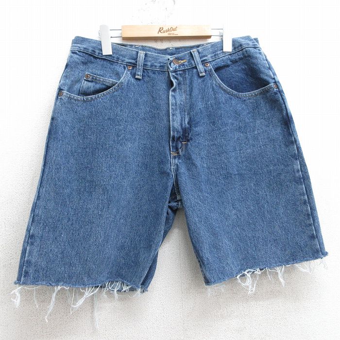 【50%OFF】W34★古着 ラングラー Wrangler ショート パンツ メンズ コットン 紺 ネイビー デニム 25apr03 中古 ボトムス 短パン ショーパン ハーフ
