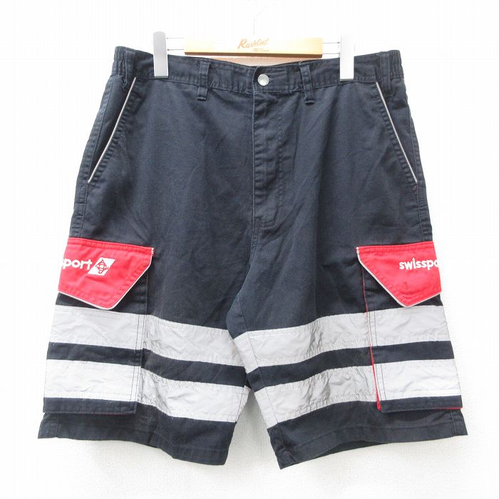 W34★古着 ショート カーゴ パンツ ショーツ メンズ Swissport リフレクター 黒他 ブラック 25apr04 中古 ボトムス 短パン ショーパン