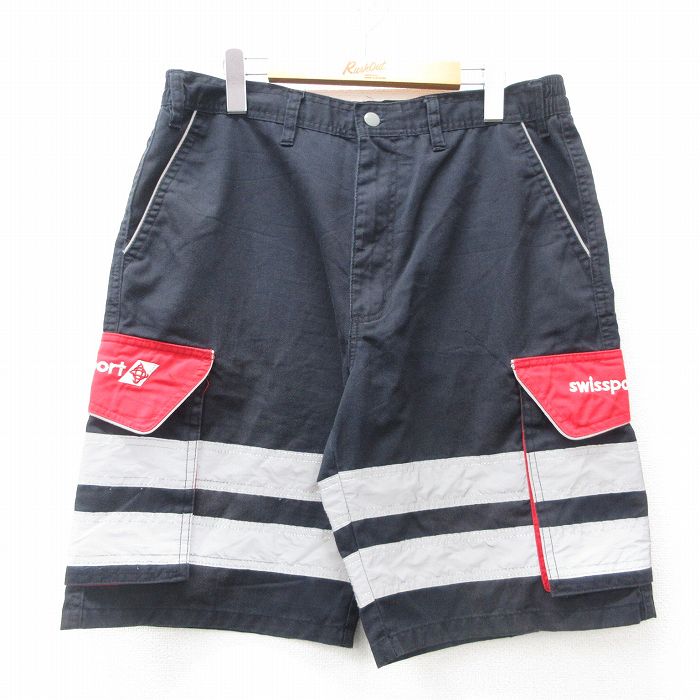 W34★古着 ショート カーゴ パンツ ショーツ メンズ Swissport リフレクター 黒他 ブラック 25apr04 中古 ボトムス 短パン ショーパン