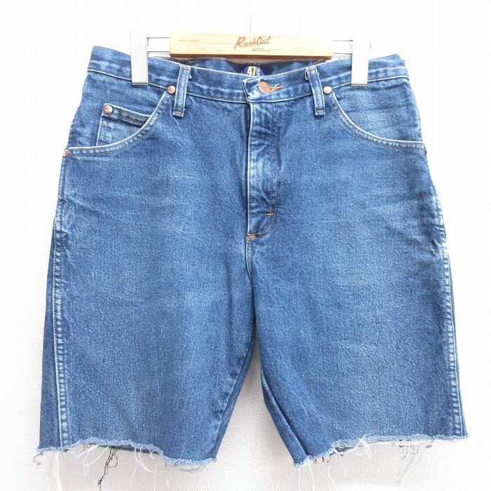 W32★古着 ラングラー Wrangler ショート パンツ ショーツ メンズ コットン 紺 ネイビー デニム 内側フランネル 25apr04 中古 ボトムス 短パン ショーパン ハーフ