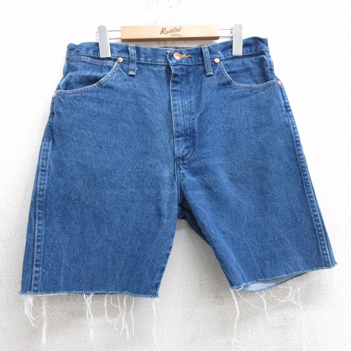 【50%OFF】W34★古着 ラングラー Wrangler ショート パンツ ショーツ メンズ コットン 紺 ネイビー デニム 25apr04 中古 ボトムス 短パン ショーパン ハーフ