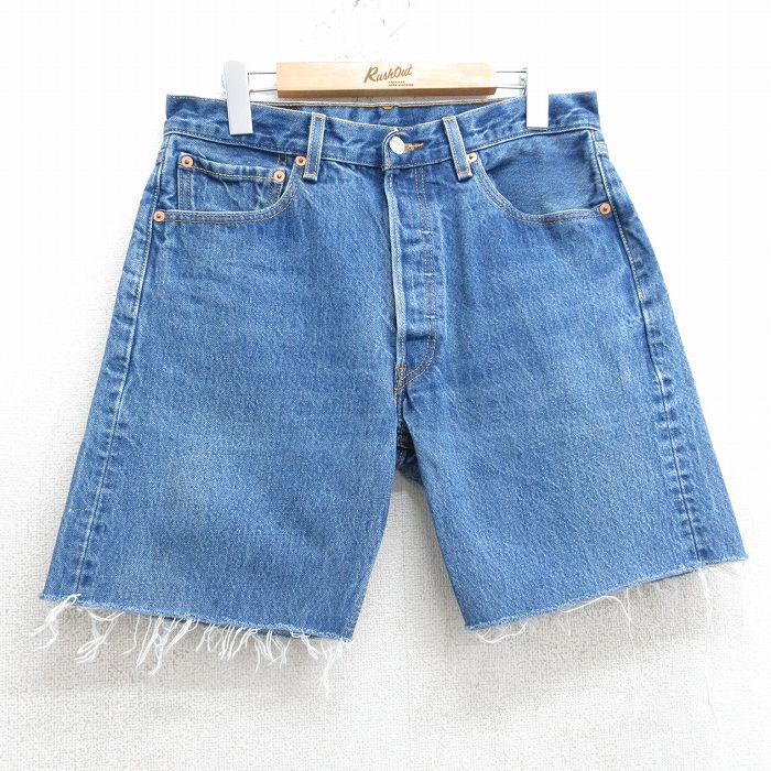W32★古着 リーバイス Levis 501 ショート パンツ ショーツ メンズ ヒゲ コットン 紺 ネイビー デニム 25apr04 中古 ボトムス 短パン ショーパン ハーフ