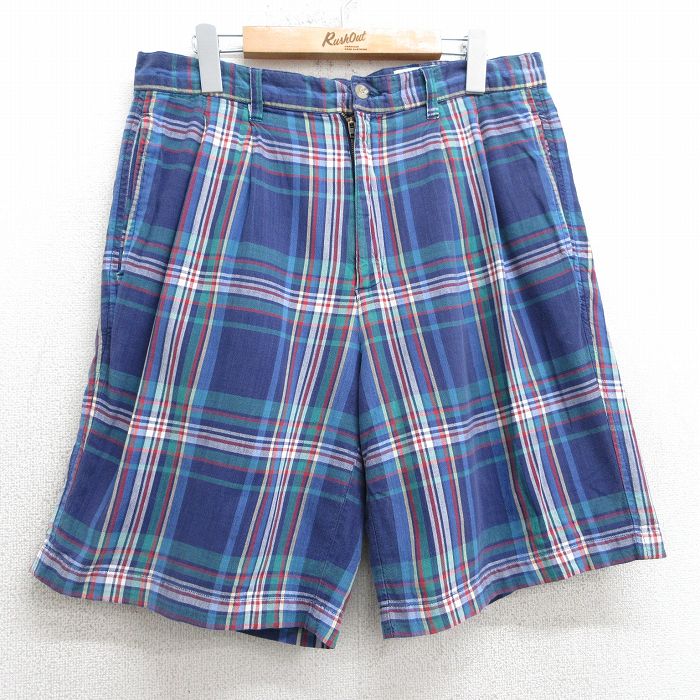 W34★古着 エディーバウアー ショート パンツ メンズ 00年代 00s コットン 紺他 ネイビー チェック 25apr05 中古 ボトムス 短パン ショーパン ハーフ