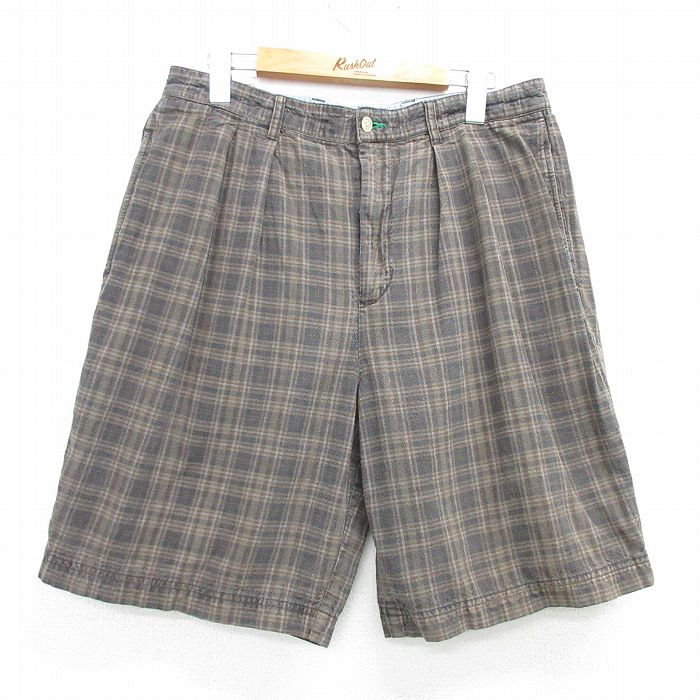 W32★古着 トミーヒルフィガー TOMMY HILFIGER ブランド ショート パンツ ショーツ メンズ 90年代 90s リネン 茶他 ブラウン チェック 25apr05 中古 ボトムス 短パン ショーパン ハーフ