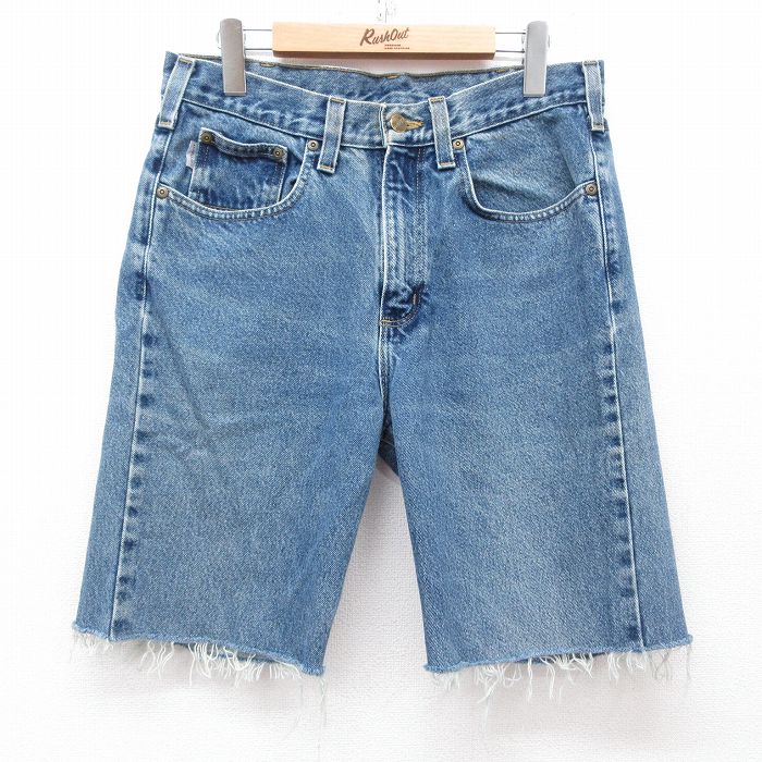 W32★古着 カーハート Carhartt ショート パンツ ショーツ メンズ ヒゲ コットン 紺 ネイビー デニム 25apr05 中古 ボトムス 短パン ショーパン ハーフ