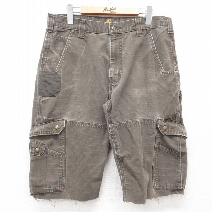 W34★古着 カーハート Carhartt ショート カーゴ パンツ ショーツ メンズ リップストップ コットン 茶 ブラウン 【spe】 25apr05 中古 ボトムス 短パン ショーパン