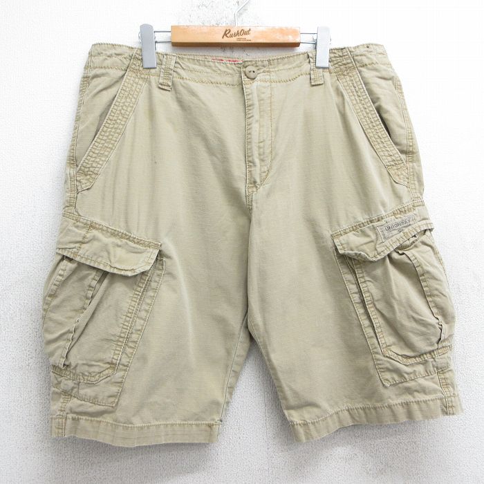 W37★古着 ユニオンベイ ショート カーゴ パンツ ショーツ メンズ リップストップ コットン ベージュ カーキ 25apr07 中古 ボトムス 短パン ショーパン