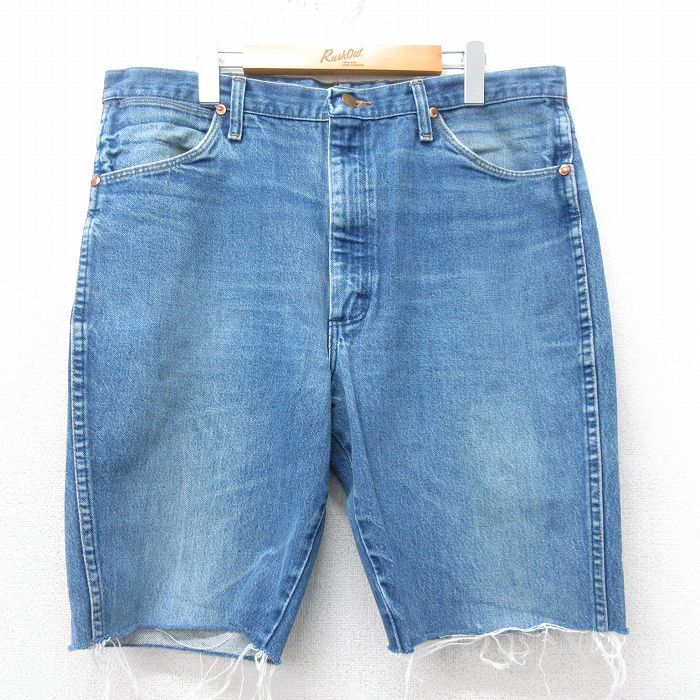 W38★古着 ラングラー Wrangler ショート パンツ ショーツ メンズ ヒゲ コットン 紺 ネイビー デニム 25apr07 中古 ボトムス 短パン ショーパン ハーフ