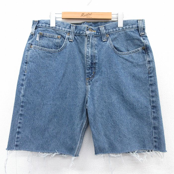 W37★古着 カーハート Carhartt ショート パンツ ショーツ メンズ コットン 紺 ネイビー デニム 25apr07 中古 ボトムス 短パン ショーパン ハーフ