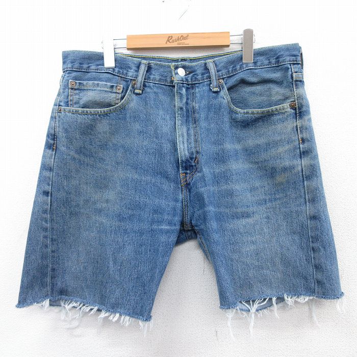 W37★古着 リーバイス Levis ショート パンツ ショーツ メンズ ヒゲ コットン 紺 ネイビー デニム 25apr07 中古 ボトムス 短パン ショーパン ハーフ
