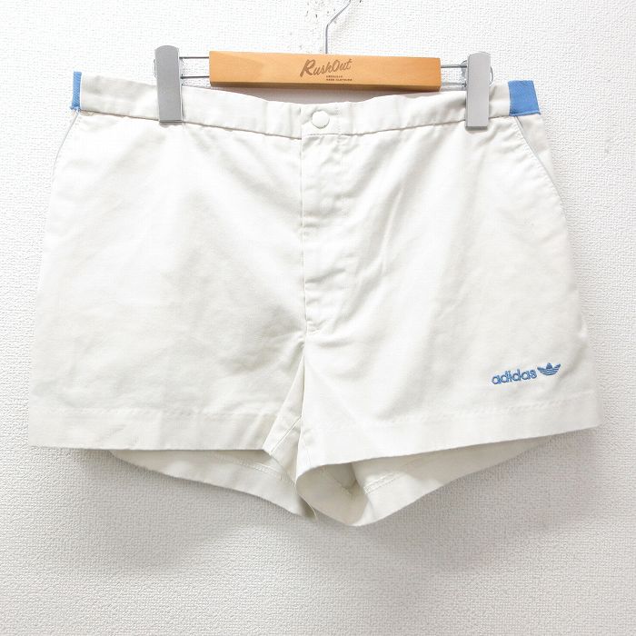 W31★古着 アディダス adidas ショート パンツ ショーツ メンズ 90年代 90s ワンポイントロゴ リーフ トレフォイル USA製 薄ベージュ カーキ 【spe】 25apr08 中古 ボトムス 短パン ショーパン ハーフ