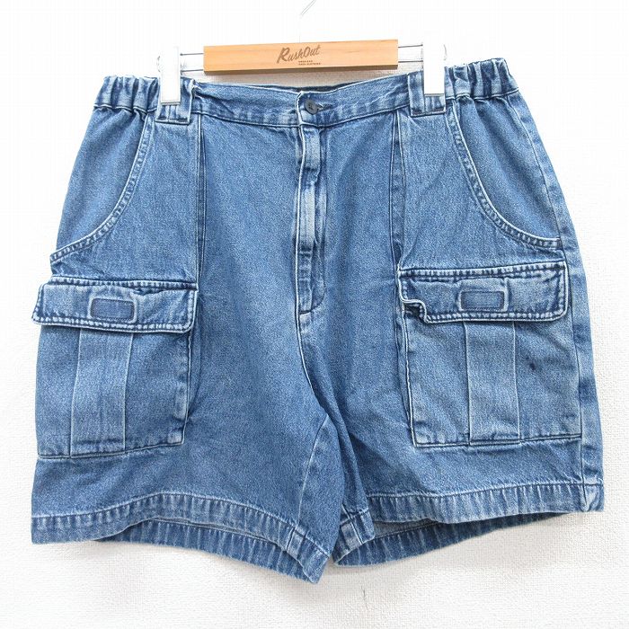W34★古着 ショート ブッシュ パンツ ショーツ メンズ コットン 紺 ネイビー デニム 25apr17 中古 ボトムス 短パン ショーパン